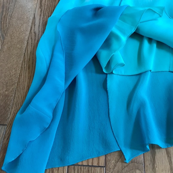 NWT Bebe 100% Silk women’s turquoise blue ombré Boho Asymmetric Midi Dress S - Picture 8 of 8